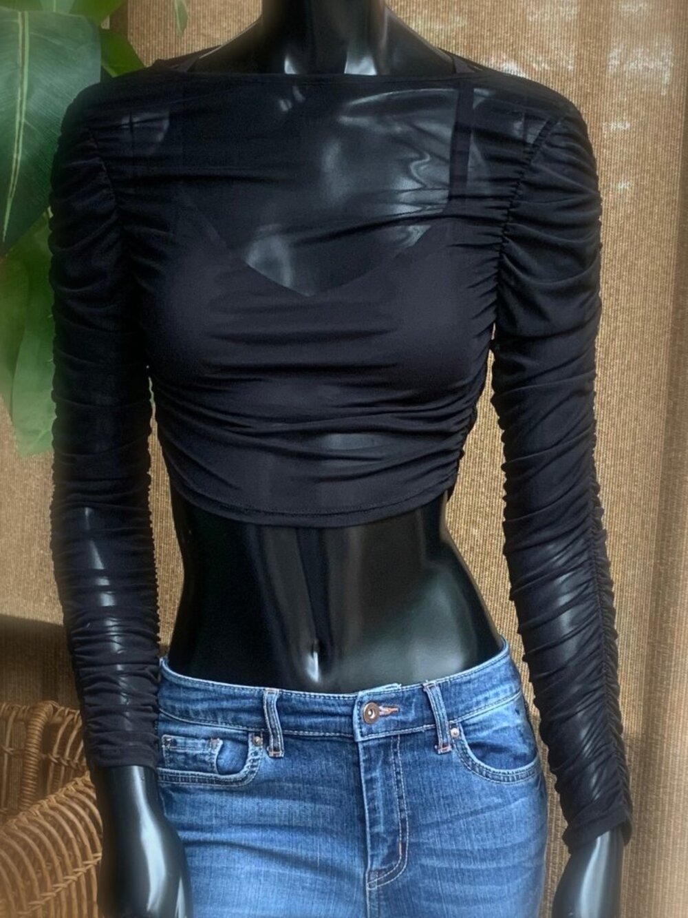 Windsor Black Sheer Mesh Long Sleeve Ruched Crop Top